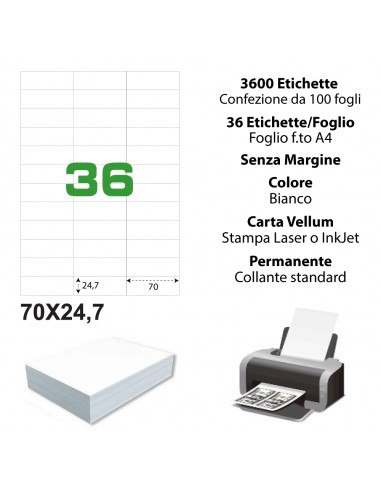 Etichette adesiva bianca 70x24.7 mm - 36 etichette per foglio A4 - A470247-100 (conf.100 fogli)