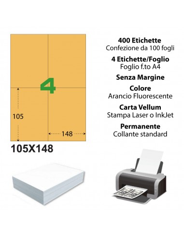 Etichette adesiva Arancio Fluorescente 105x148,5 mm - 4 etichette per foglio A4 - A4105148AF (conf.da 100 fogli)