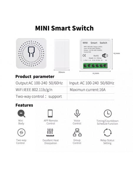 Modulo Interruttore switch wi-fi per Smart Home compatibile con l'app Tuya e Smart Life, Alexa e Google Home 1/2 vie, 16 A Smart