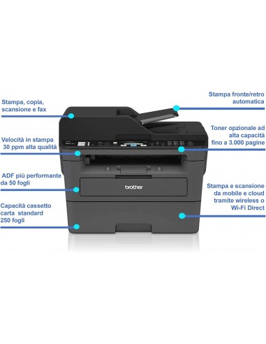 Brother MFCL2710DW Multifunzione Laser 4 in 1 Bianco e Nero, 30 ppm, LAN, Wi-Fi, Stampa Fronte/Retro Automatica, ADF 50 Fogli Br