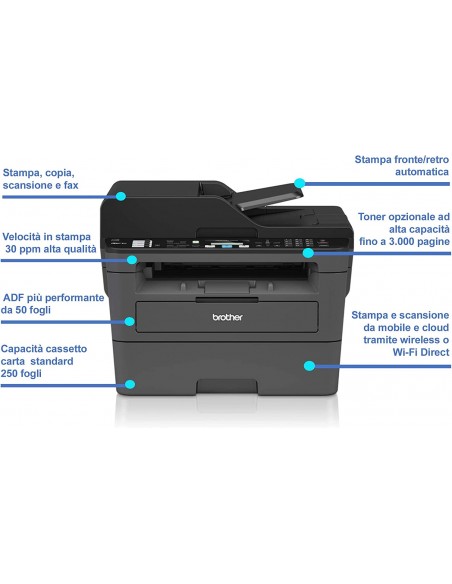Brother MFCL2710DW Multifunzione Laser 4 in 1 Bianco e Nero, 30 ppm, LAN, Wi-Fi, Stampa Fronte/Retro Automatica, ADF 50 Fogli Br