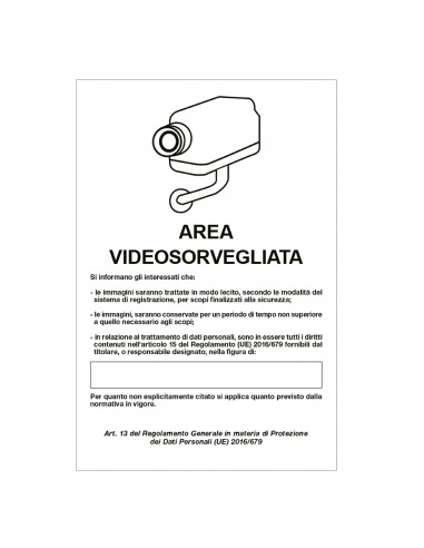 Cartello Alluminio 20X30 cm 'Area Videosorveglianza Con Registrazione  Rif.Gdpr' Cartelli Segnalatori - 1